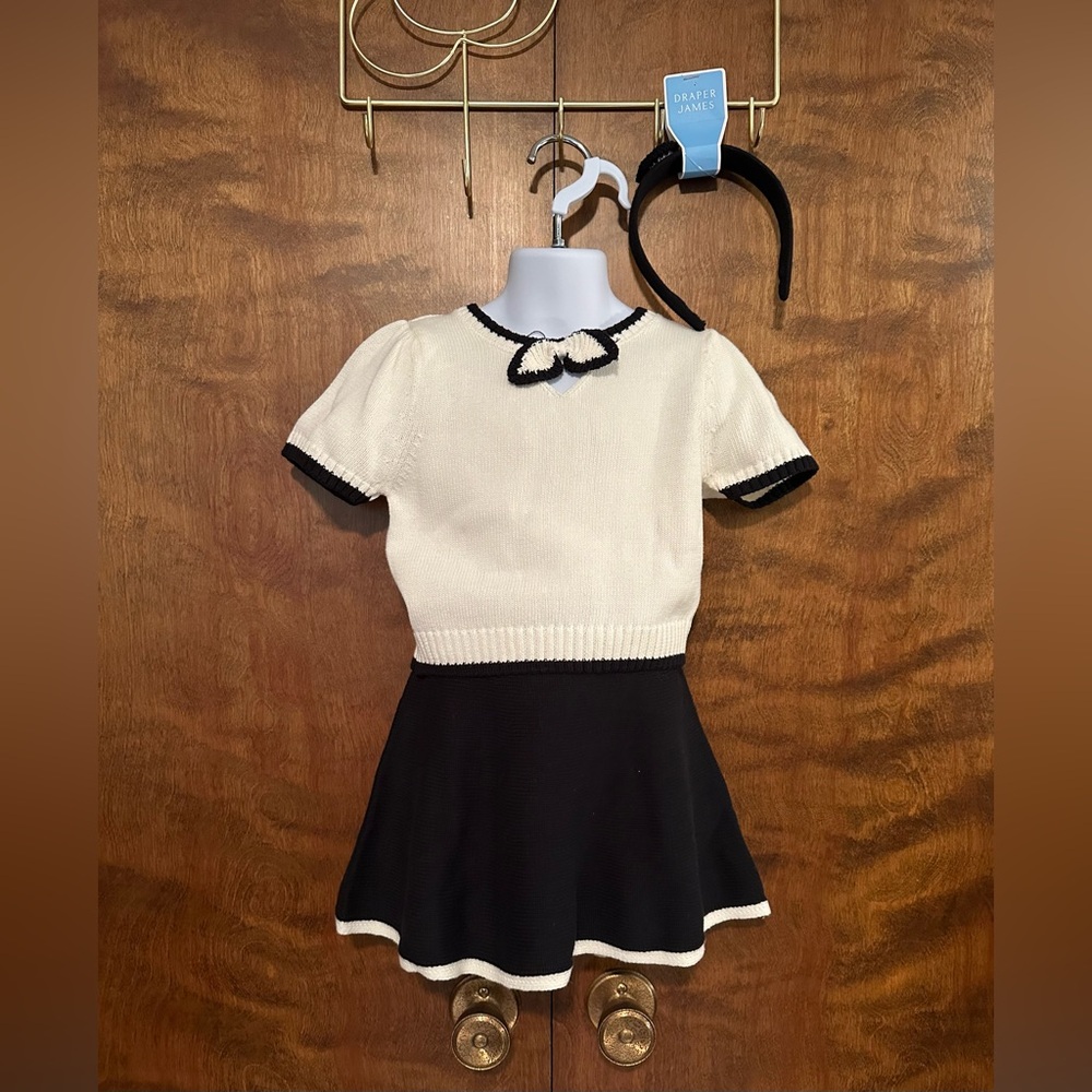 Draper James Sweater & Skirt Set w/Headband Girls 5 Ivory & Black Knit 3 Pieces